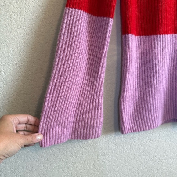 Ann Taylor Cashmere Red Pink Color Block Long Bell Sleeve Crewneck Sweater Top - Picture 3 of 8